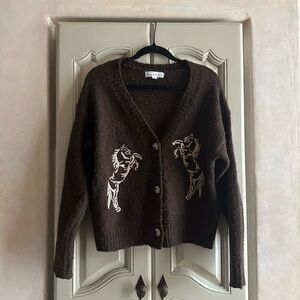 Brown Cardigan with Embroidered Horse Design